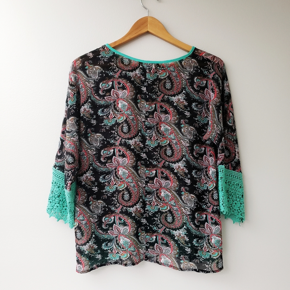Altar'd State Boho Tunic Lace Green Black Small - Picture 4 of 7